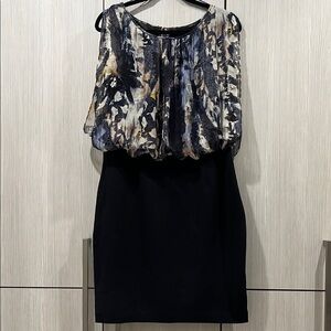 Aidan Mattox Silk Blouson Mini Dress | Blue Grey Black‎ | Size 14 | Excellent